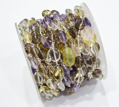 Multi Semi Precious Stone Smooth Oval Shape Rosary Beaded Chain , 6x8 - 8x11 mm , 6705