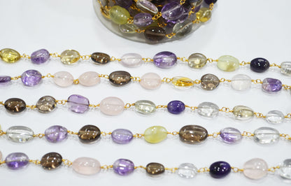 Multi Semi Precious Stone Smooth Oval Shape Rosary Beaded Chain , 6x8 - 8x11 mm , 6705