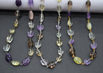 Multi Semi Precious Stone Smooth Oval Shape Rosary Beaded Chain , 6x8 - 8x11 mm , 6705