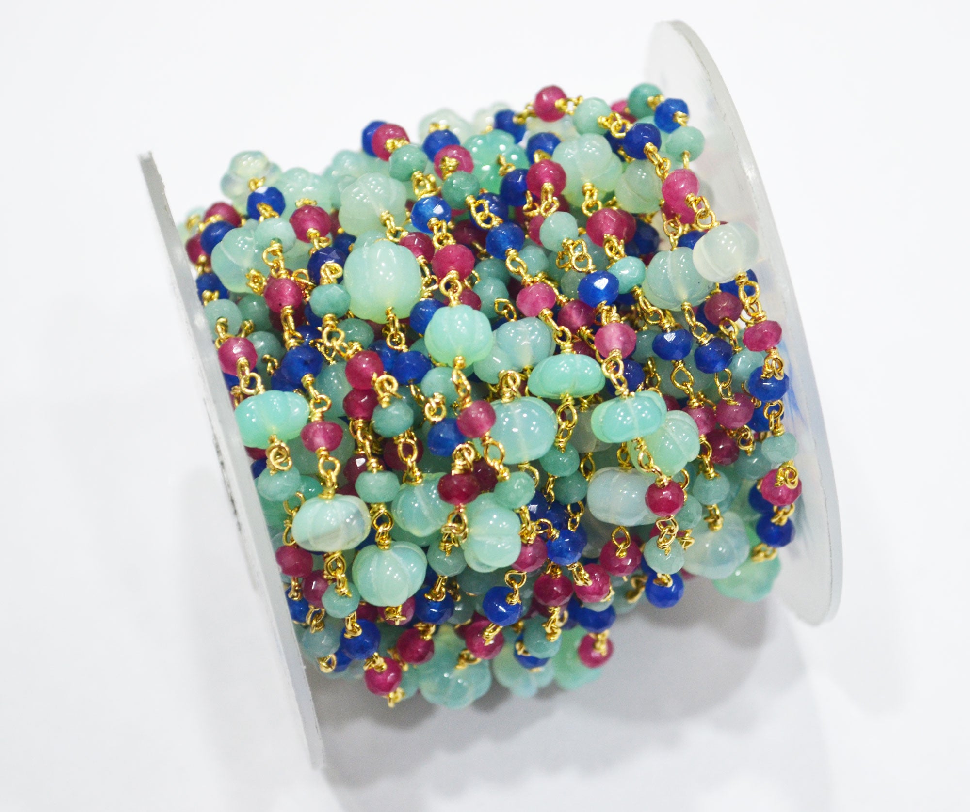 Aqua Chalcedony Carved Melon With Hot Pink , Aqua And Sapphire Chalcedony Faceted Rondelle Rosary Beaded Chain , 3 - 9 mm , 6706
