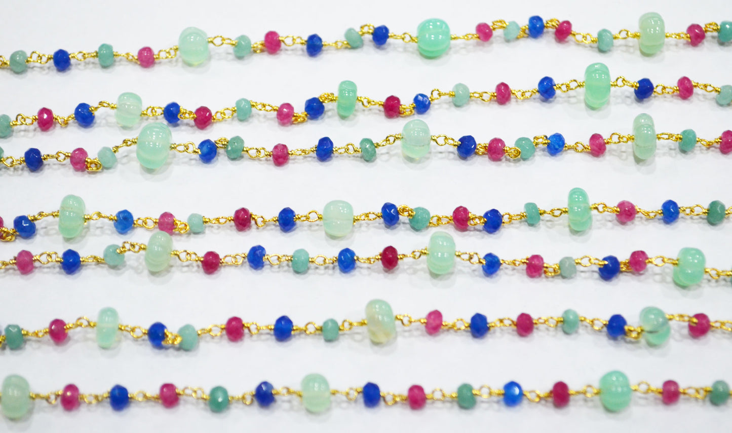 Aqua Chalcedony Carved Melon With Hot Pink , Aqua And Sapphire Chalcedony Faceted Rondelle Rosary Beaded Chain , 3 - 9 mm , 6706