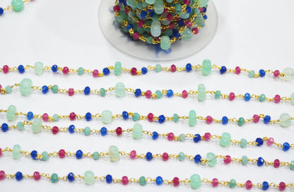 Aqua Chalcedony Carved Melon With Hot Pink , Aqua And Sapphire Chalcedony Faceted Rondelle Rosary Beaded Chain , 3 - 9 mm , 6706