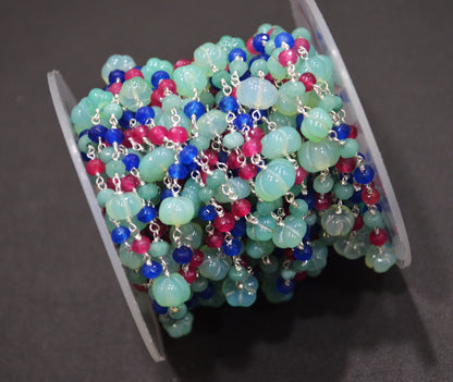 Aqua Chalcedony Carved Melon With Hot Pink , Aqua And Sapphire Chalcedony Faceted Rondelle Rosary Beaded Chain , 3 - 9 mm , 6706
