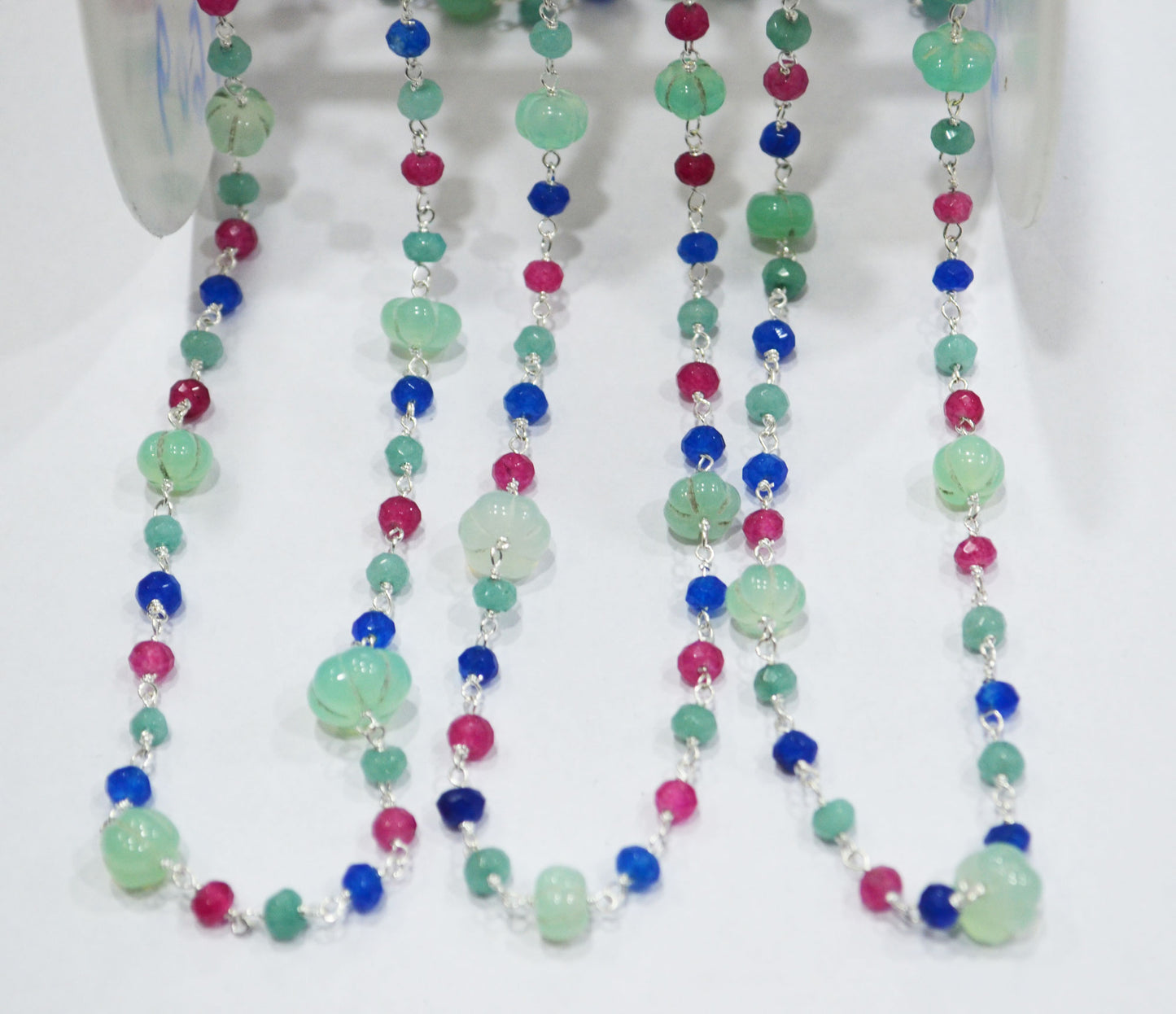 Aqua Chalcedony Carved Melon With Hot Pink , Aqua And Sapphire Chalcedony Faceted Rondelle Rosary Beaded Chain , 3 - 9 mm , 6706