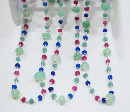 Aqua Chalcedony Carved Melon With Hot Pink , Aqua And Sapphire Chalcedony Faceted Rondelle Rosary Beaded Chain , 3 - 9 mm , 6706