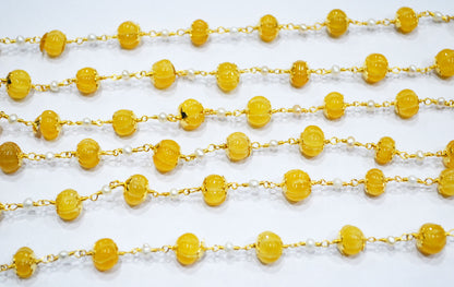Yellow Sapphire Natural Quartz Carved Melons With Natural Pearl Smooth Rondelle Rosary Beaded Chain , 3 - 9 mm , 6707