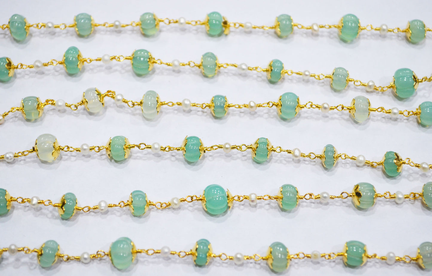 Aqua Chalcedony Carved Melons With Natural Pearl Smooth Rondelle Rosary Beaded Chain , 3 - 9 mm , 6708