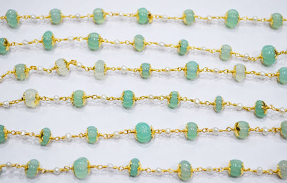 Aqua Chalcedony Carved Melons With Natural Pearl Smooth Rondelle Rosary Beaded Chain , 3 - 9 mm , 6708