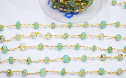 Aqua Chalcedony Carved Melons With Natural Pearl Smooth Rondelle Rosary Beaded Chain , 3 - 9 mm , 6708