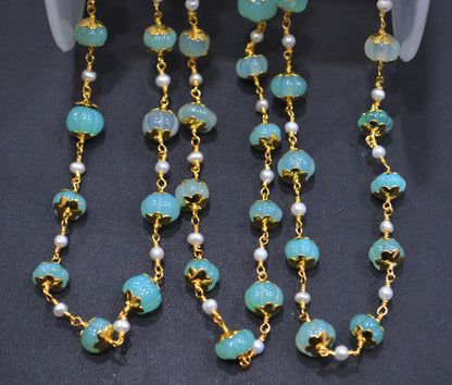 Aqua Chalcedony Carved Melons With Natural Pearl Smooth Rondelle Rosary Beaded Chain , 3 - 9 mm , 6708