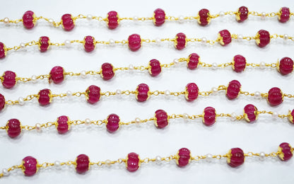 Dyed Ruby Natural Quartz Carved Melons With Natural Pearl Smooth Rondelle Rosary Beaded Chain , 3 - 9 mm , 6709