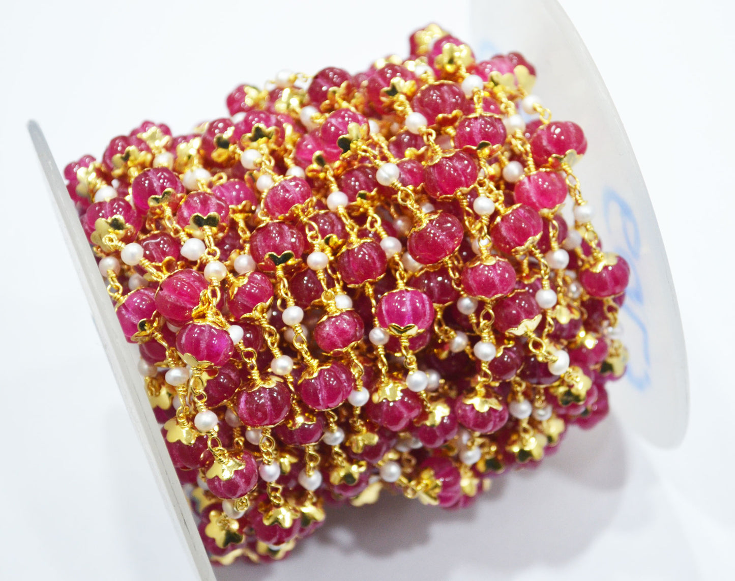 Dyed Ruby Natural Quartz Carved Melons With Natural Pearl Smooth Rondelle Rosary Beaded Chain , 3 - 9 mm , 6709