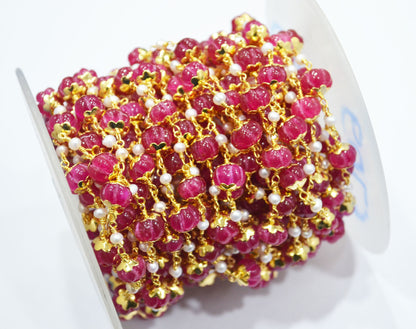 Dyed Ruby Natural Quartz Carved Melons With Natural Pearl Smooth Rondelle Rosary Beaded Chain , 3 - 9 mm , 6709