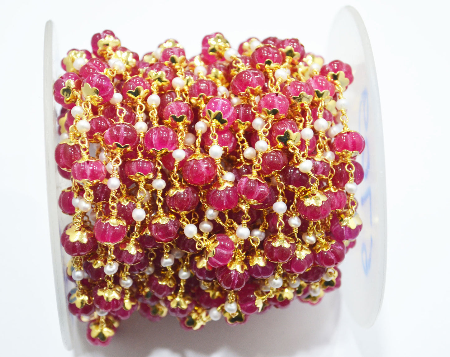 Dyed Ruby Natural Quartz Carved Melons With Natural Pearl Smooth Rondelle Rosary Beaded Chain , 3 - 9 mm , 6709