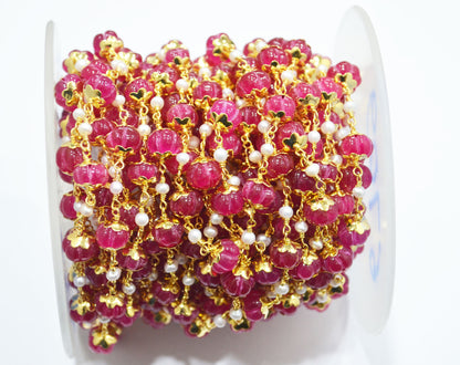 Dyed Ruby Natural Quartz Carved Melons With Natural Pearl Smooth Rondelle Rosary Beaded Chain , 3 - 9 mm , 6709
