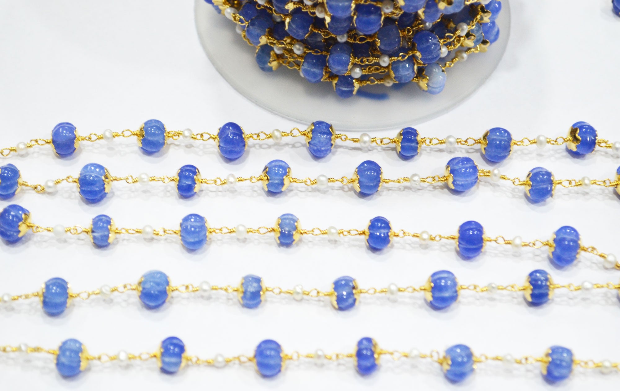 Dyed Tanzanite Natural Quartz Carved Melons With Natural Pearl Smooth Rondelle Rosary Beaded Chain , 3 - 9 mm , 6710