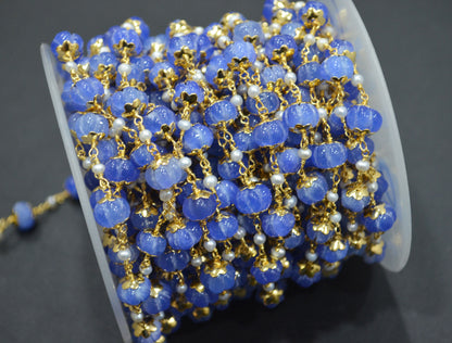 Dyed Tanzanite Natural Quartz Carved Melons With Natural Pearl Smooth Rondelle Rosary Beaded Chain , 3 - 9 mm , 6710
