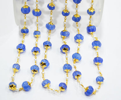 Dyed Tanzanite Natural Quartz Carved Melons With Natural Pearl Smooth Rondelle Rosary Beaded Chain , 3 - 9 mm , 6710
