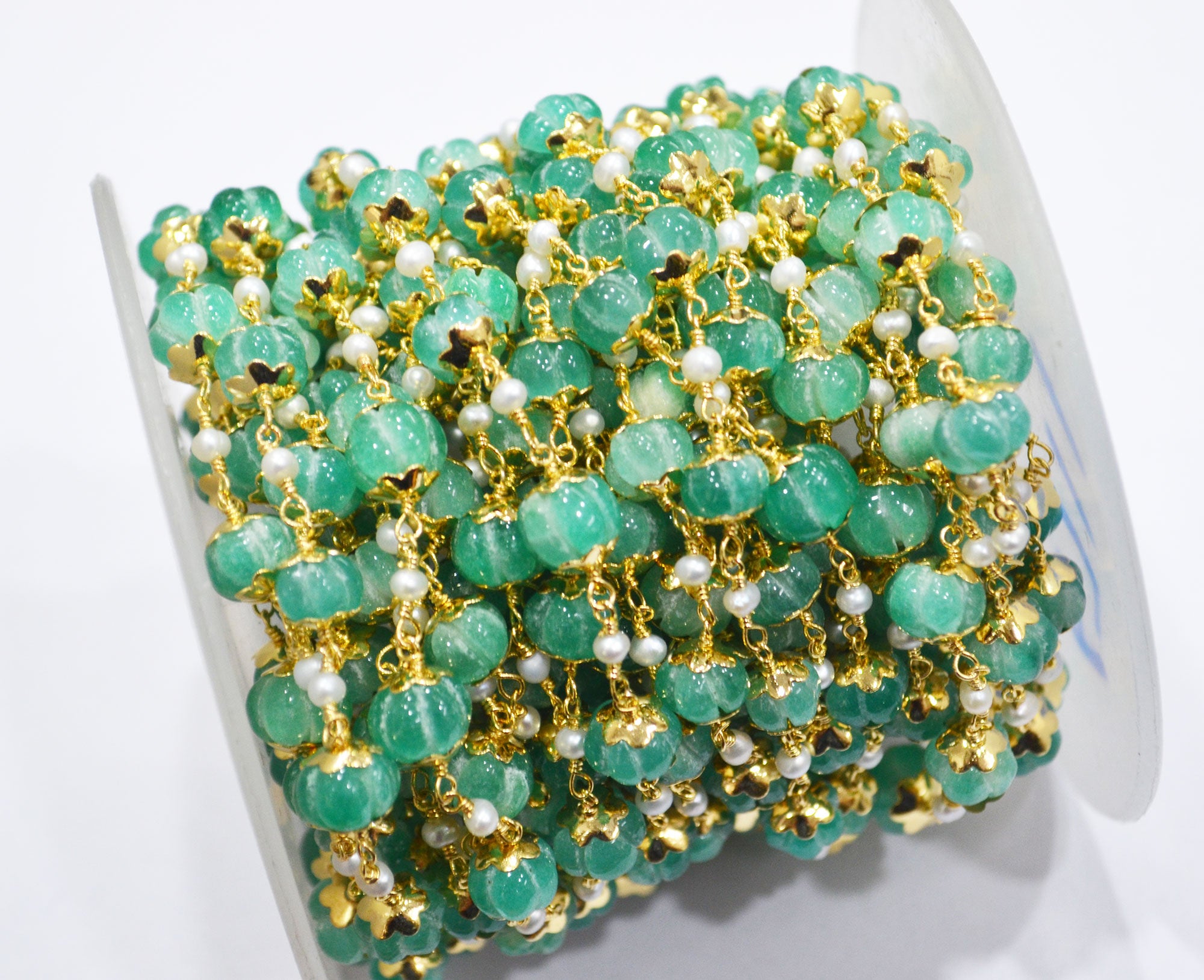 Dyed Emerald Natural Quartz Carved Melons With Natural Pearl Smooth Rondelle Rosary Beaded Chain , 3 - 9 mm , 6711