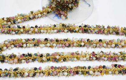 Multi Tourmaline Faceted Rondelle Rosary Beaded Grape Chain , Multi Tourmaline Angoori Cluster Wire Wrapped Chain , 3.50 mm , 6713