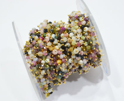 Multi Tourmaline Faceted Rondelle Rosary Beaded Grape Chain , Multi Tourmaline Angoori Cluster Wire Wrapped Chain , 3.50 mm , 6713