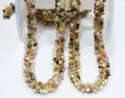 Multi Tourmaline Faceted Rondelle Rosary Beaded Grape Chain , Multi Tourmaline Angoori Cluster Wire Wrapped Chain , 3.50 mm , 6713