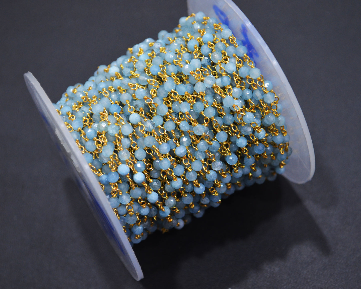 Milky Aquamarine Faceted Round Shape Rosary Beaded Chain , 3 mm , RB-6714