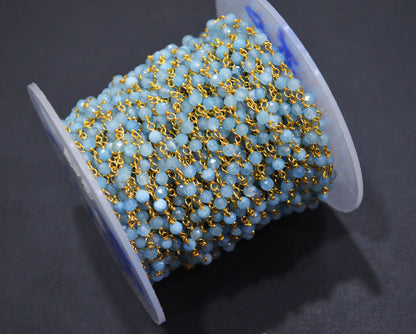 Milky Aquamarine Faceted Round Shape Rosary Beaded Chain , 3 mm , RB-6714