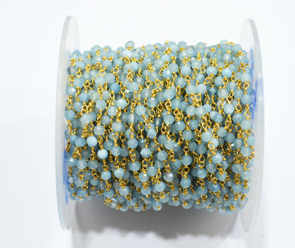 Milky Aquamarine Faceted Round Shape Rosary Beaded Chain , 3 mm , RB-6714