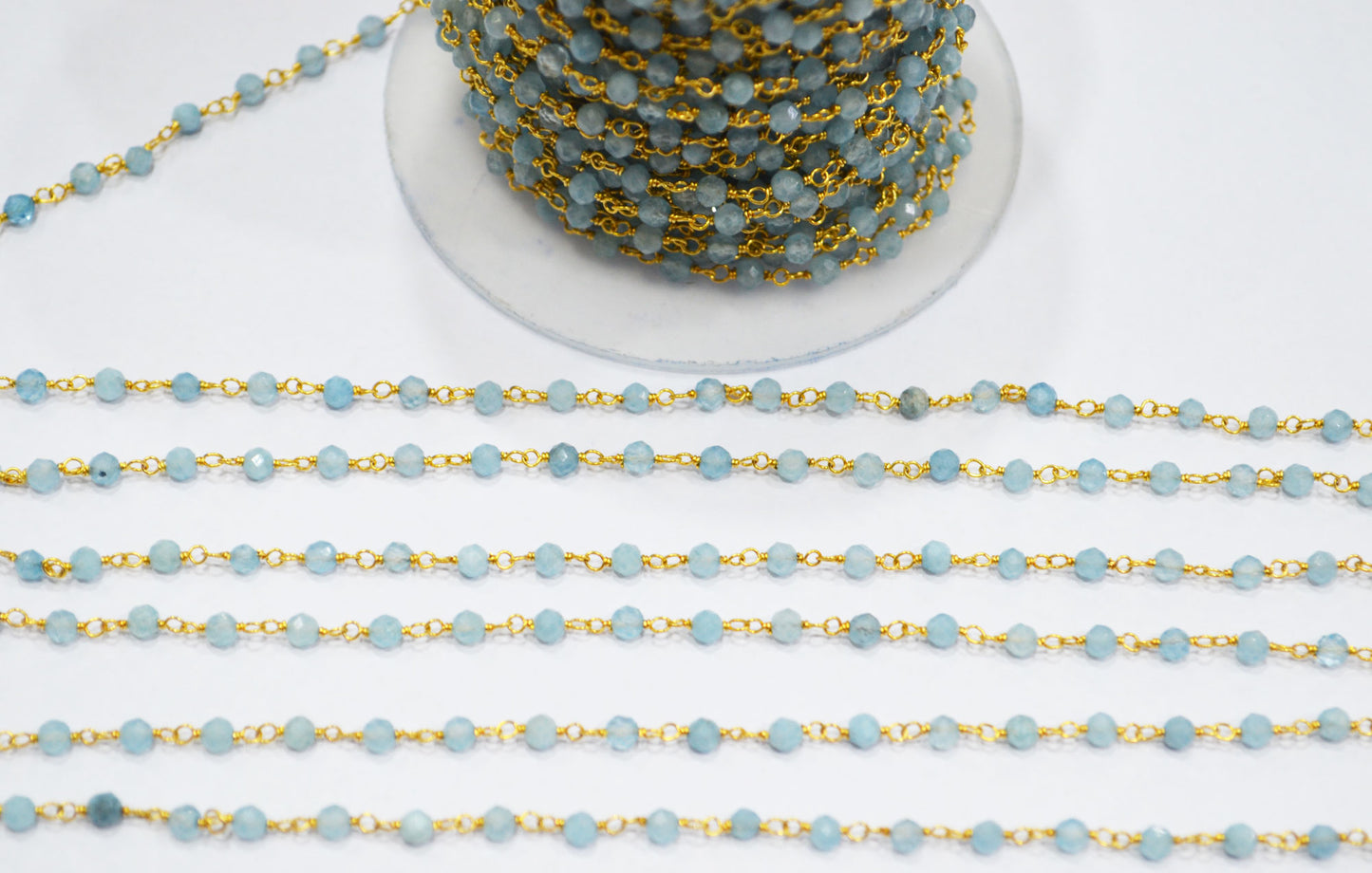 Milky Aquamarine Faceted Round Shape Rosary Beaded Chain , 3 mm , RB-6714