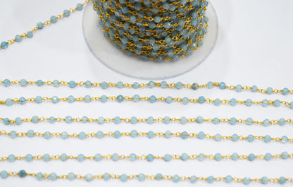 Milky Aquamarine Faceted Round Shape Rosary Beaded Chain , 3 mm , RB-6714