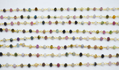Multi Tourmaline Faceted Rondelle Shape Rosary Beaded Chain , Sold By Foot , 3.50 mm , RB-6716