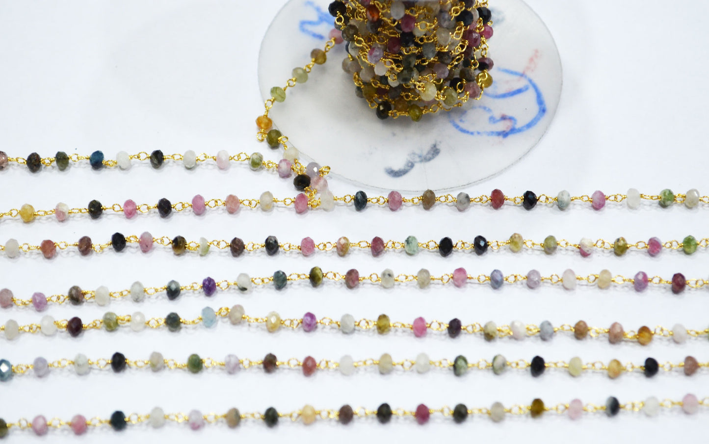 Multi Tourmaline Faceted Rondelle Shape Rosary Beaded Chain , Sold By Foot , 3.50 mm , RB-6716