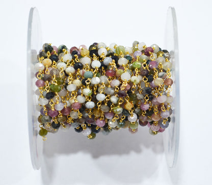 Multi Tourmaline Faceted Rondelle Shape Rosary Beaded Chain , Sold By Foot , 3.50 mm , RB-6716