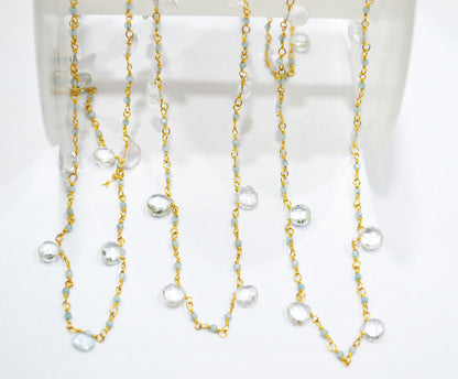Aquamarine Faceted Round Shape Rosary Beaded Chain , Aquamarine Heart Shape Wire Wrapped Chain , 2 - 5 mm , 6717