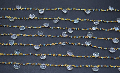 Aquamarine Faceted Round Shape Rosary Beaded Chain , Aquamarine Heart Shape Wire Wrapped Chain , 2 - 5 mm , 6717