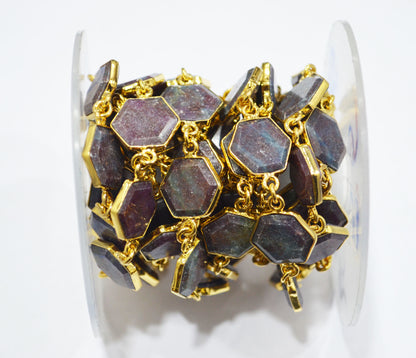 Ruby Kyanite Crown Cut Hexagon Shape Connector Chain , 13 mm , RB-6718