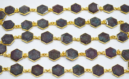 Ruby Kyanite Crown Cut Hexagon Shape Connector Chain , 13 mm , RB-6718
