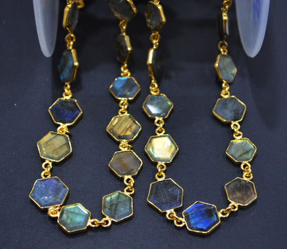 Labradorite Crown Cut Hexagon Shape Connector Chain , 10 - 14 mm , RB-6720
