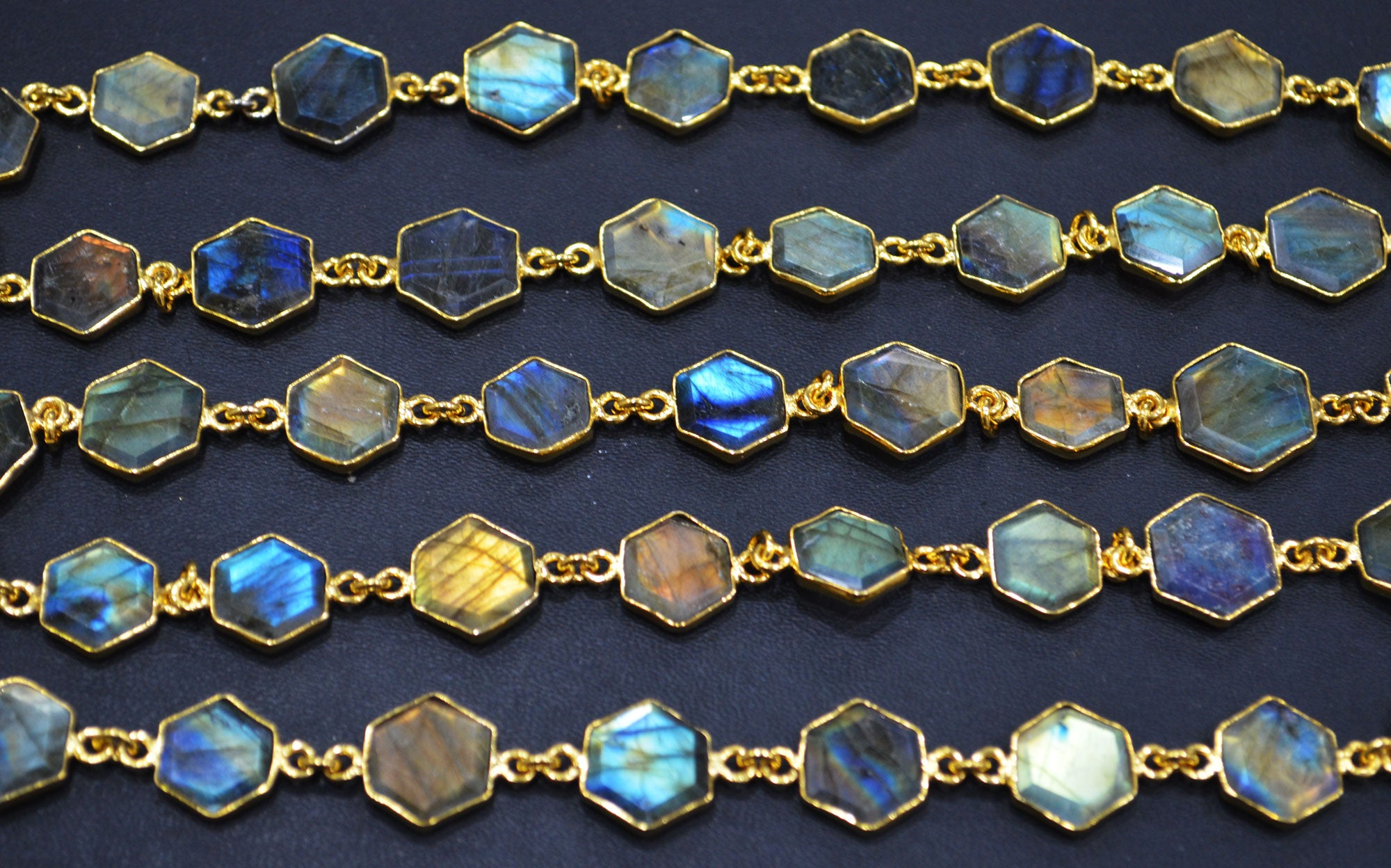 Labradorite Crown Cut Hexagon Shape Connector Chain , 10 - 14 mm , RB-6720
