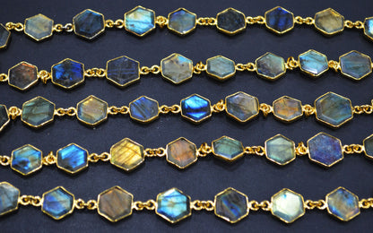 Labradorite Crown Cut Hexagon Shape Connector Chain , 10 - 14 mm , RB-6720