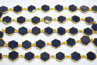 Blue Aventurine Crown Cut Hexagon Shape Connector Chain , 10 - 14 mm , RB-6722