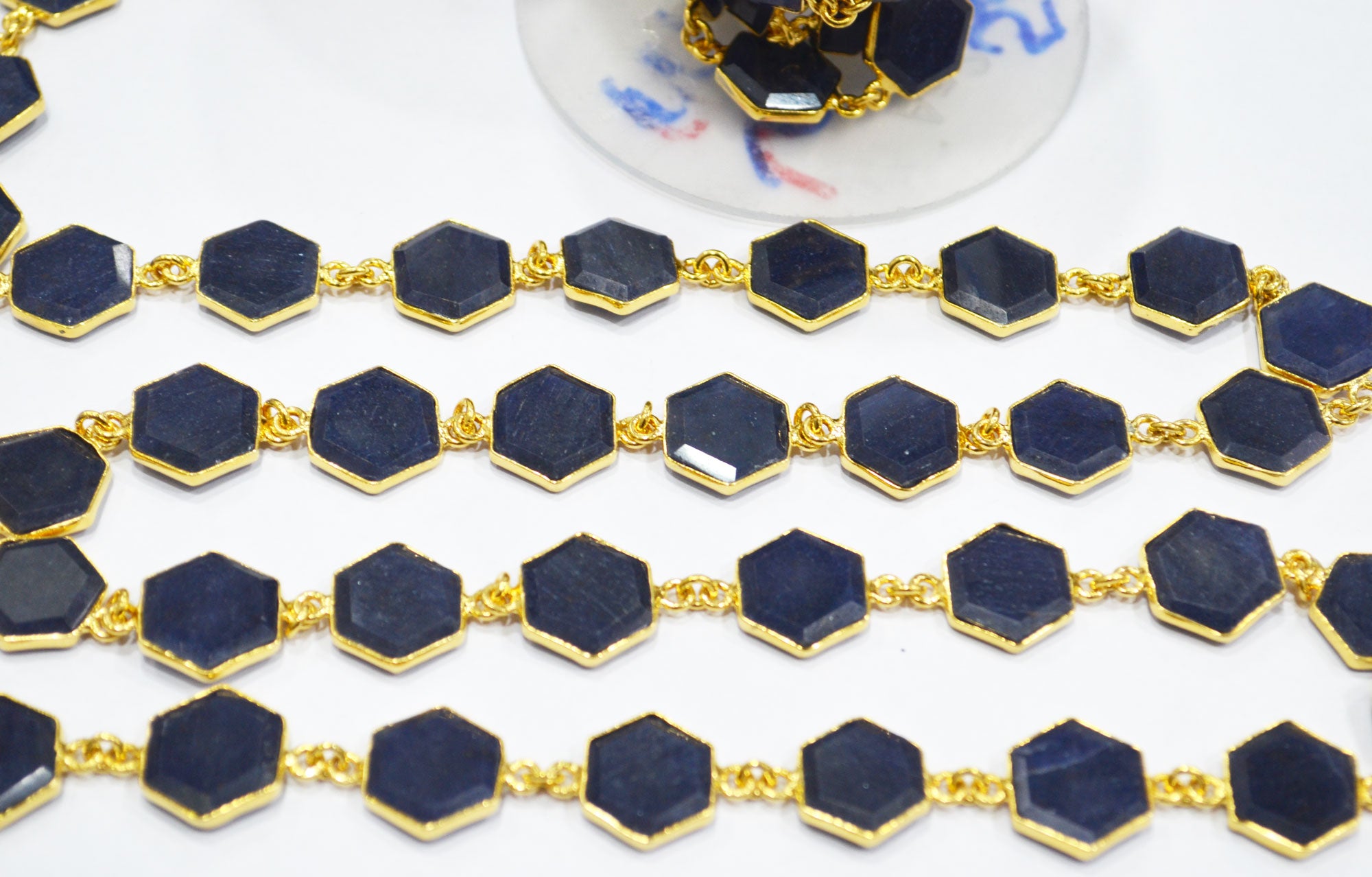 Blue Aventurine Crown Cut Hexagon Shape Connector Chain , 10 - 14 mm , RB-6722