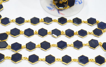 Blue Aventurine Crown Cut Hexagon Shape Connector Chain , 10 - 14 mm , RB-6722