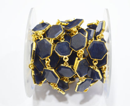 Blue Aventurine Crown Cut Hexagon Shape Connector Chain , 10 - 14 mm , RB-6722