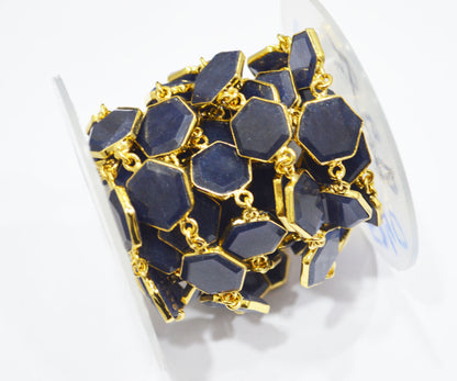 Blue Aventurine Crown Cut Hexagon Shape Connector Chain , 10 - 14 mm , RB-6722