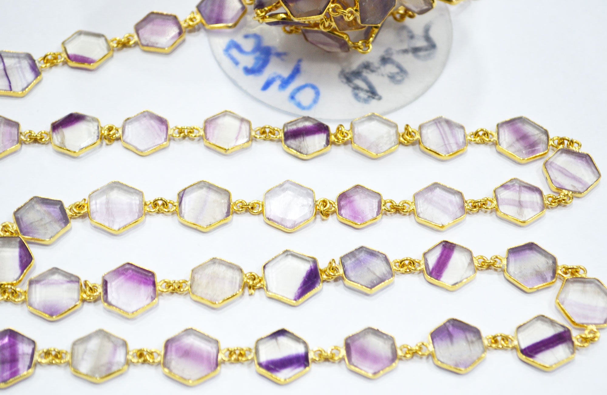 Fluorite Crown Cut Hexagon Shape Connector Chain , 13 - 15 mm , RB-6723