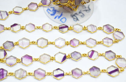 Fluorite Crown Cut Hexagon Shape Connector Chain , 13 - 15 mm , RB-6723