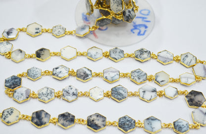 Dendrite Opal Crown Cut Hexagon Shape Connector Chain , 10 - 14 mm , RB-6724