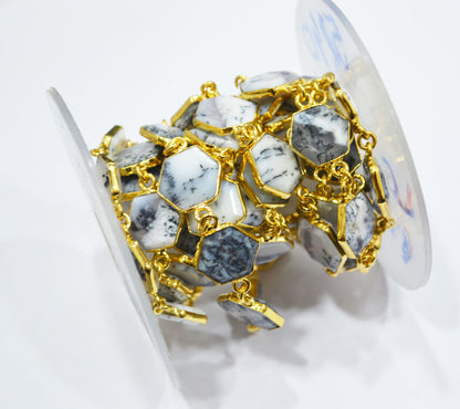 Dendrite Opal Crown Cut Hexagon Shape Connector Chain , 10 - 14 mm , RB-6724